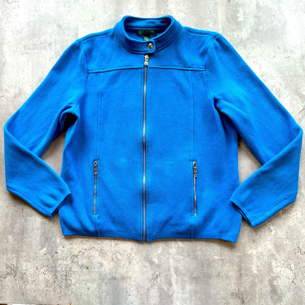 Lauren Ralph Lauren Knit Zip Jacket Blue Size Large
